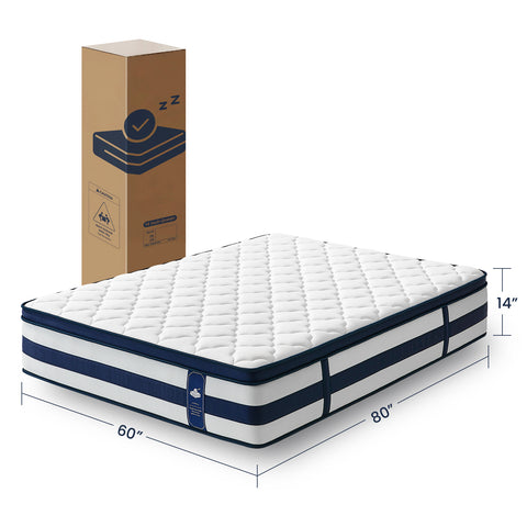Mattress with dimensions and packaging on a white background