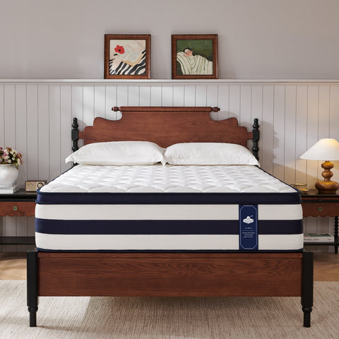 In the bedroom, a thick Resspry mattress sits on a wooden bed frame.