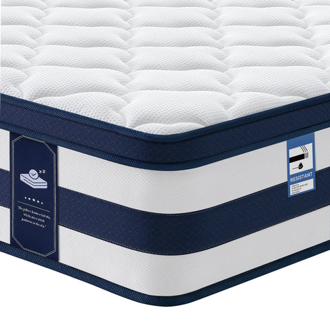 White mattress with blue accents on a white background