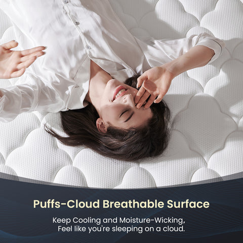 A woman lying on a mattress with text about 'Puffs-Cloud Breathable Surface'. Below is a comfortable mattress, a mattress that gives women a sense of security.