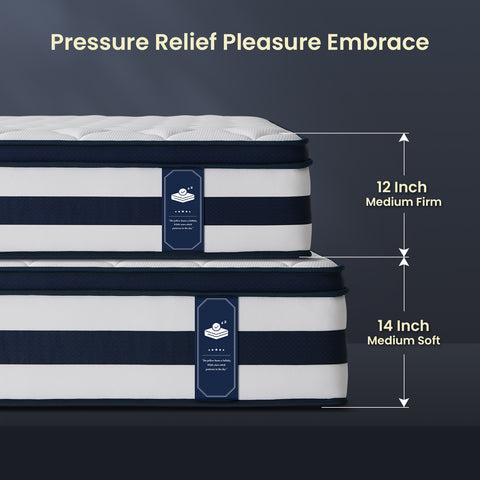 Two mattresses with different firmness levels labeled on a dark background. Comparison of mattresses of different sizes