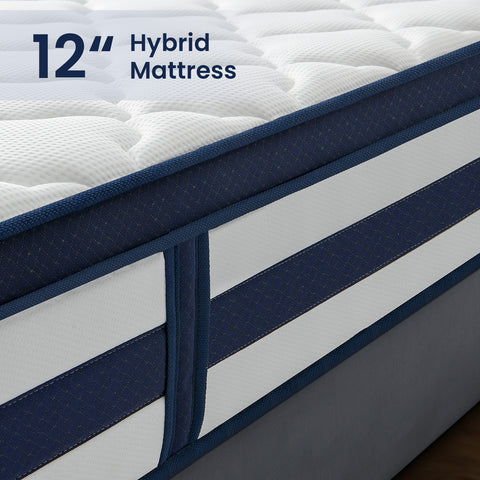 12-inch hybrid mattress with blue straps on a white background