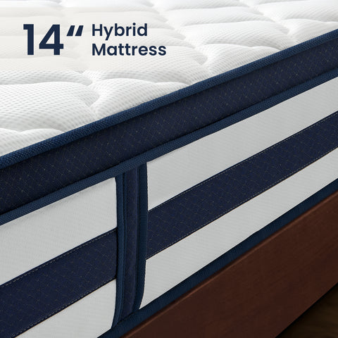 14-inch hybrid mattress with blue and white design on a wooden bed frame.