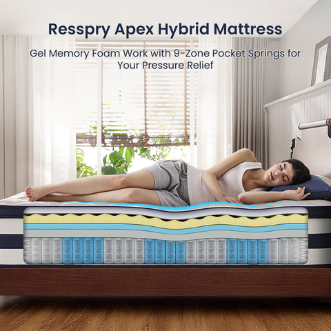A woman is sleeping on a hybrid mattress, which combines a base layer of independent pocket springs with a top layer of multi-layered foam designed for different functions. This design effectively alleviates back pain and relieves body pressure, making it suitable for the vast majority of Americans.