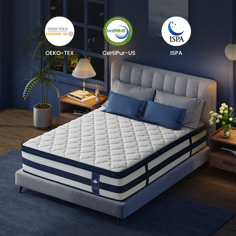Mattress with certification logos in a bedroom setting