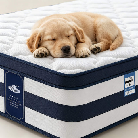 A golden retriever puppy is sleeping soundly on top of a white tufted mattress with navy blue striped sides. The mattress features a blue and white side label showing mattress features.